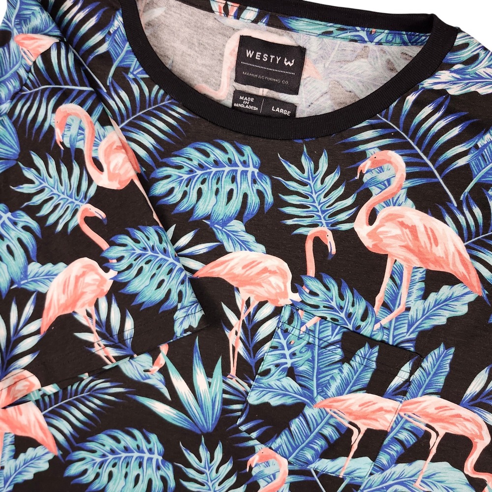 WESTY W Flamingo‎ Tropical Print Black T Shirt Mens Large Short Sleeve